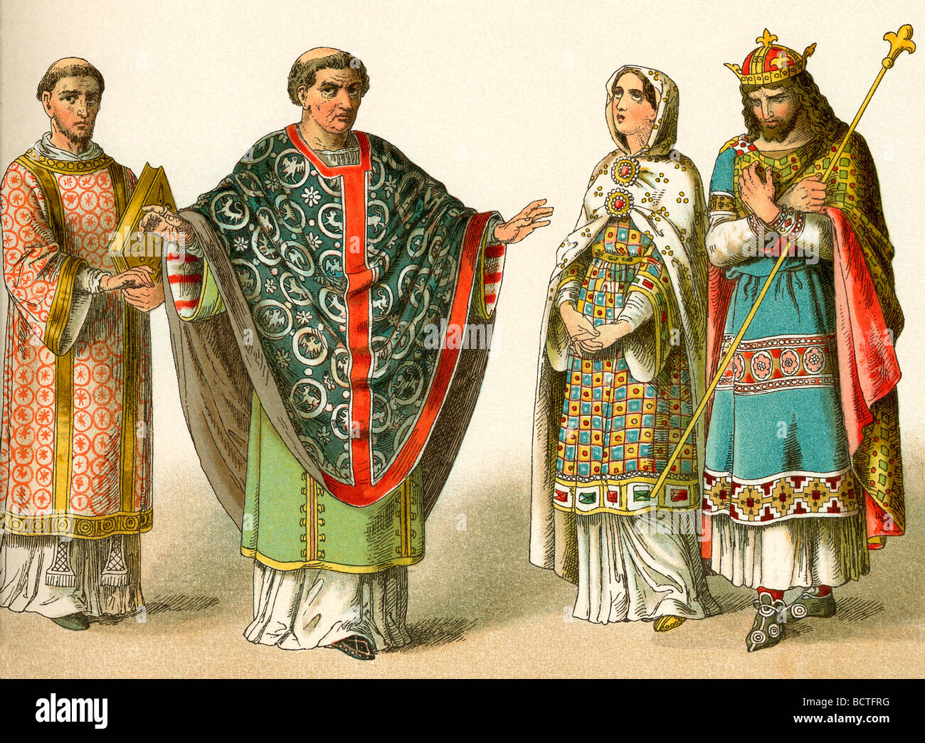 I costumi qui illustrati rappresentano un abito indossato intorno A.D. 900 dalla parte superiore delle classi in Francia. Foto Stock
