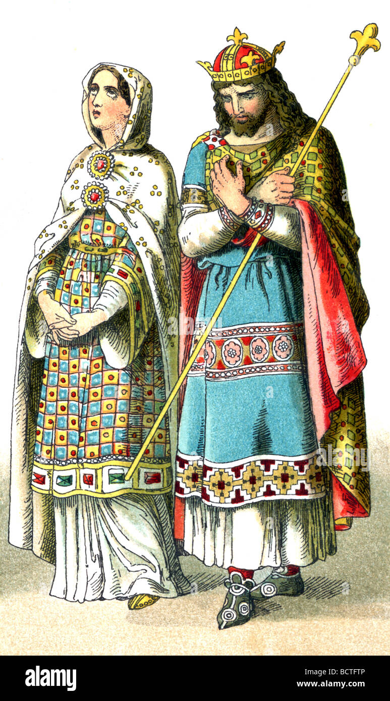 Questa 1882 illustrazione mostra un re francese e un elevato rango donna francese circa A.D. 900. Foto Stock