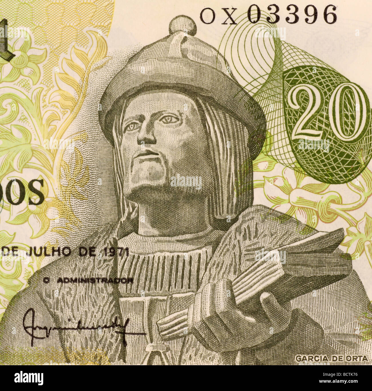 Garcia de Orta su 20 Escudos banconota 1971 dal Portogallo Foto Stock