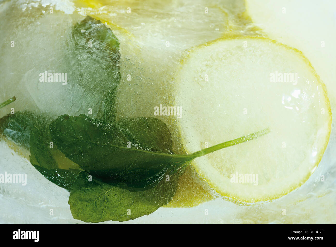 Limone con menta in un blocco di ghiaccio Foto Stock