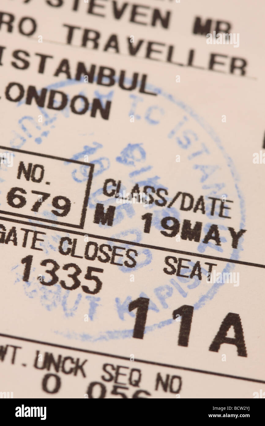 Aereo volo passeggeri boarding card ticket che mostra il numero del sedile Foto Stock