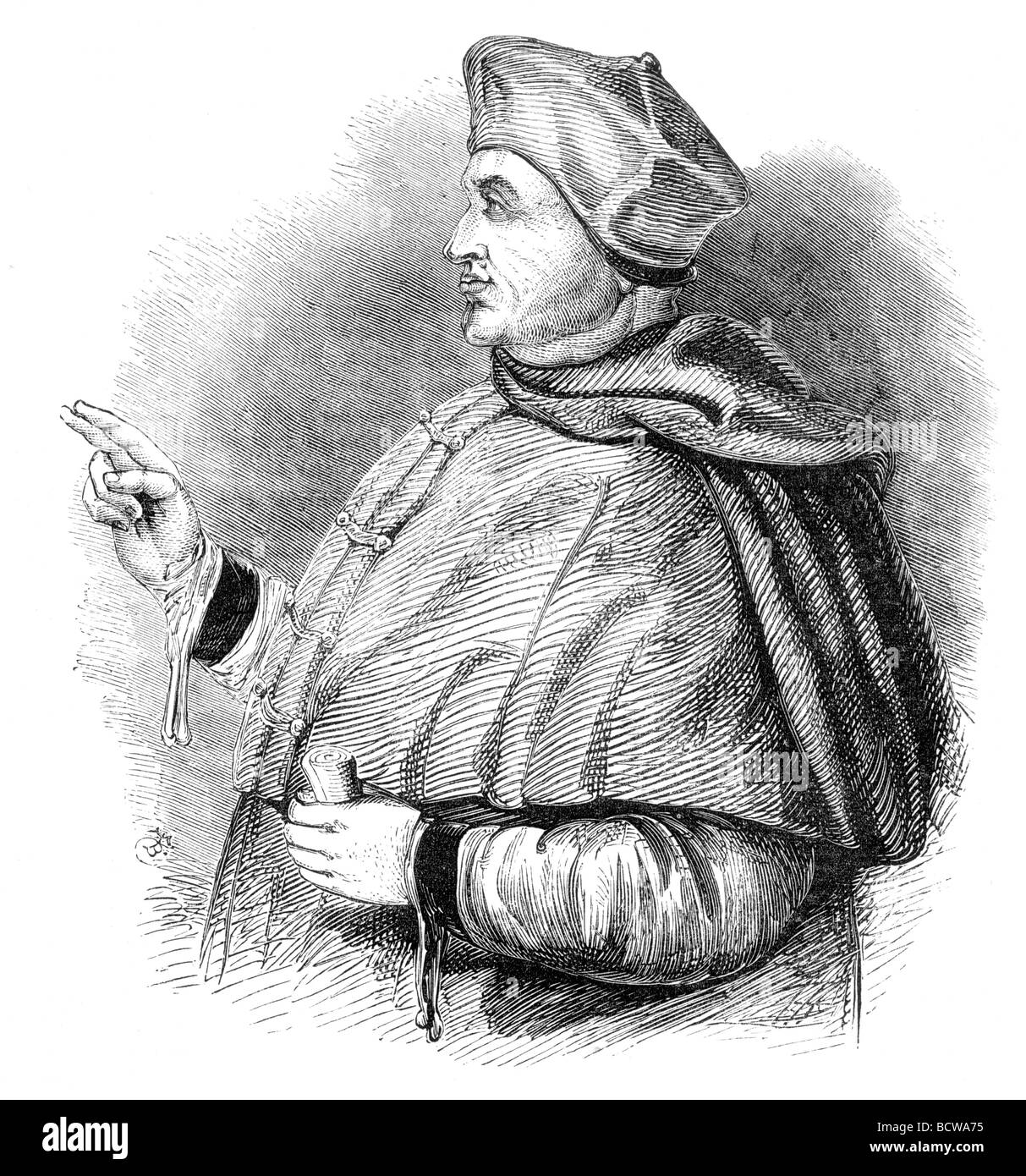 La linea di incisione Sampson forte s ritratto del cardinale Wolsey alla Chiesa di Cristo 1526 Foto Stock