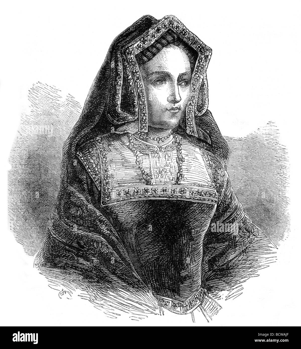 Incisione ritratto regina Caterina di Arragon moglie del Re Enrico VIII d'Inghilterra dall'originale da Holbein Foto Stock