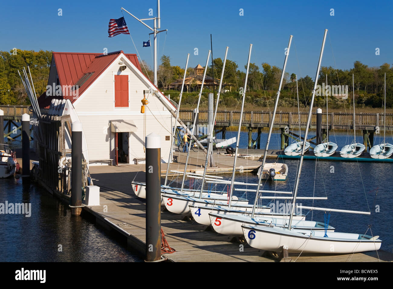 Barche in una fila, patriota del punto Navale e Museo Marittimo, Charleston, Carolina del Sud, STATI UNITI D'AMERICA Foto Stock