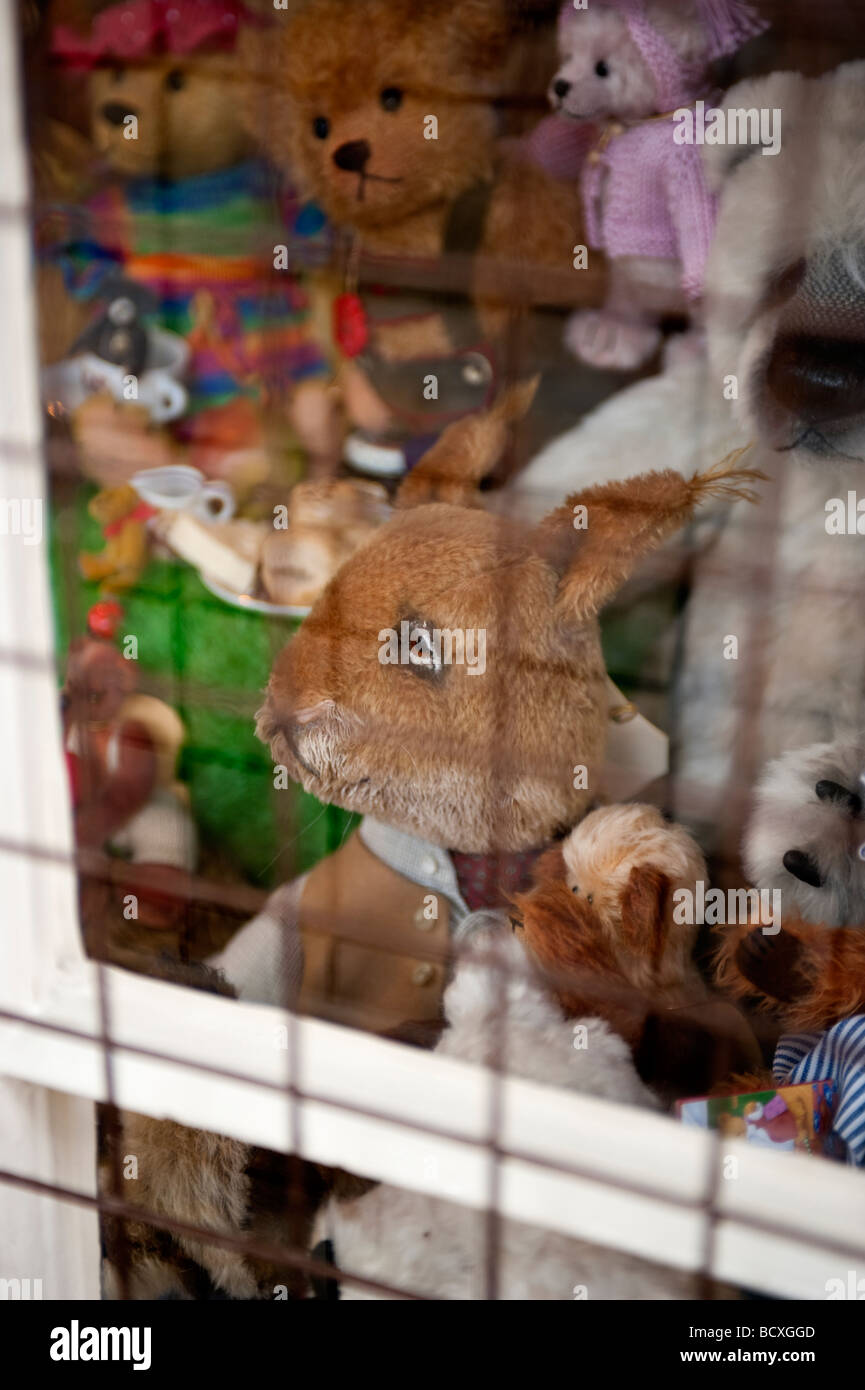 Un giocattolo di coniglio con la faccia triste nella vetrina di un negozio. Foto Stock
