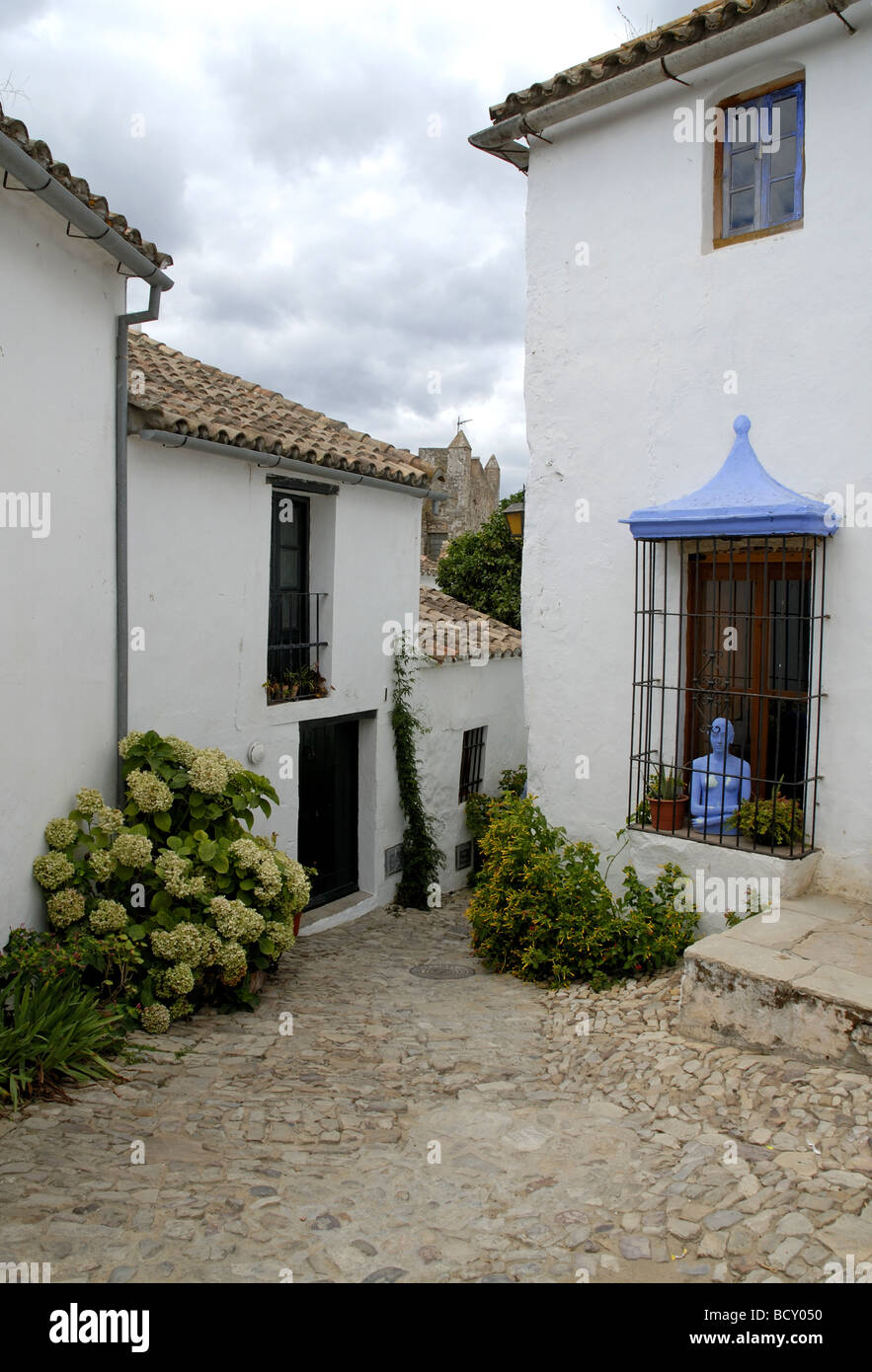 Piccola corsia di ciottoli e case nel villaggio di Castellar de la Frontera Foto Stock