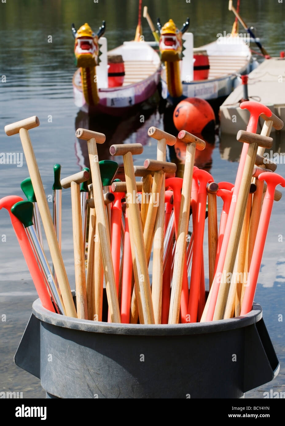 Un contenitore di remi è pronto per i concorrenti che partecipano al Dragon Boat Festival sul Lago Capitol in Olympia, WA. Foto Stock