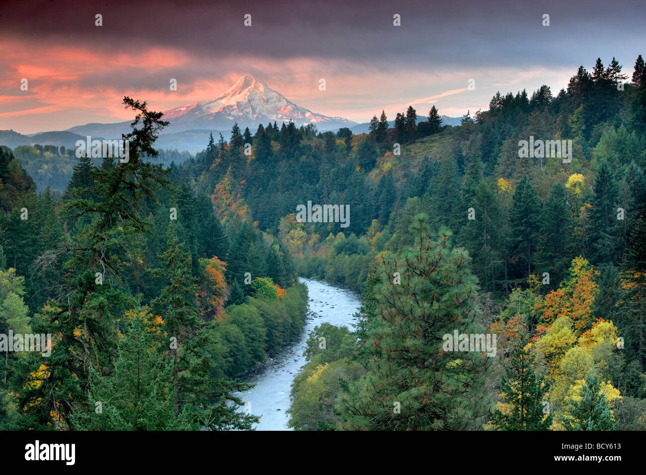 Vista del Monte Cofano e il suo Fiume con Autunno a colori Oregon Foto Stock