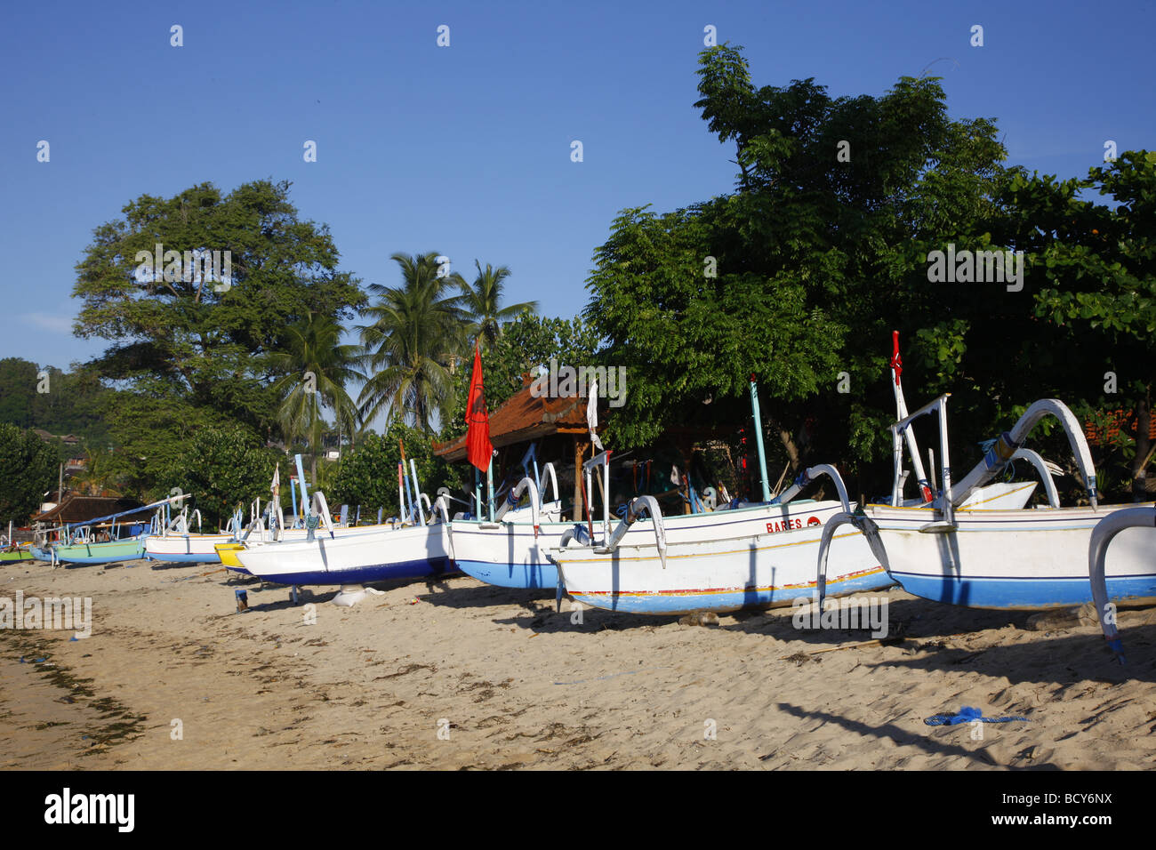 Outrigger barche, Padangbai, Bali, Repubblica di Indonesia, sud-est asiatico Foto Stock