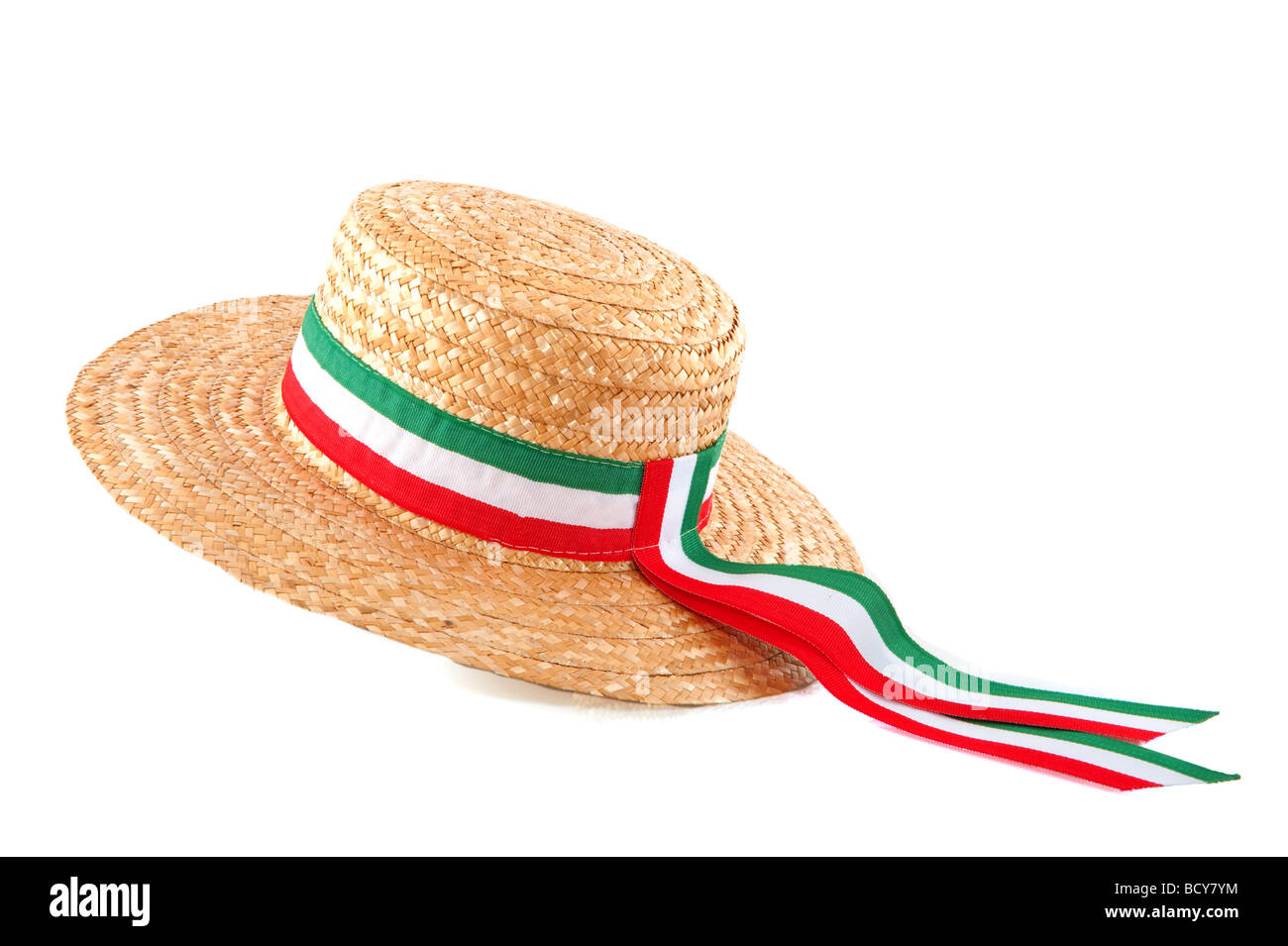 Italian cappello di paglia con nastro di bandiera isolato su bianco Foto Stock