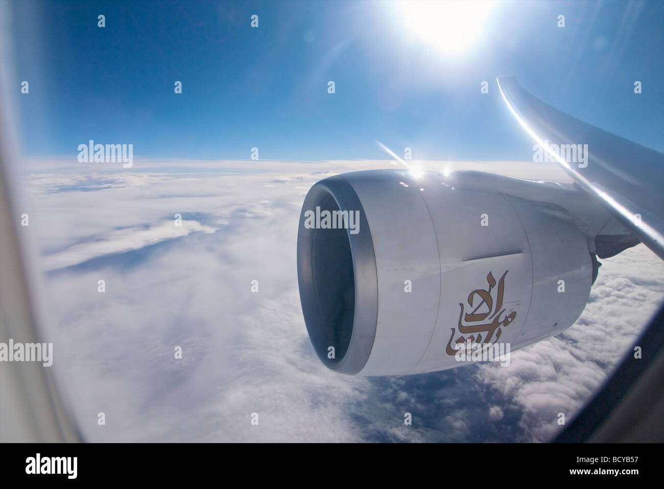 Una vista dalla finestra di un Emirates Boeing 777 Foto Stock