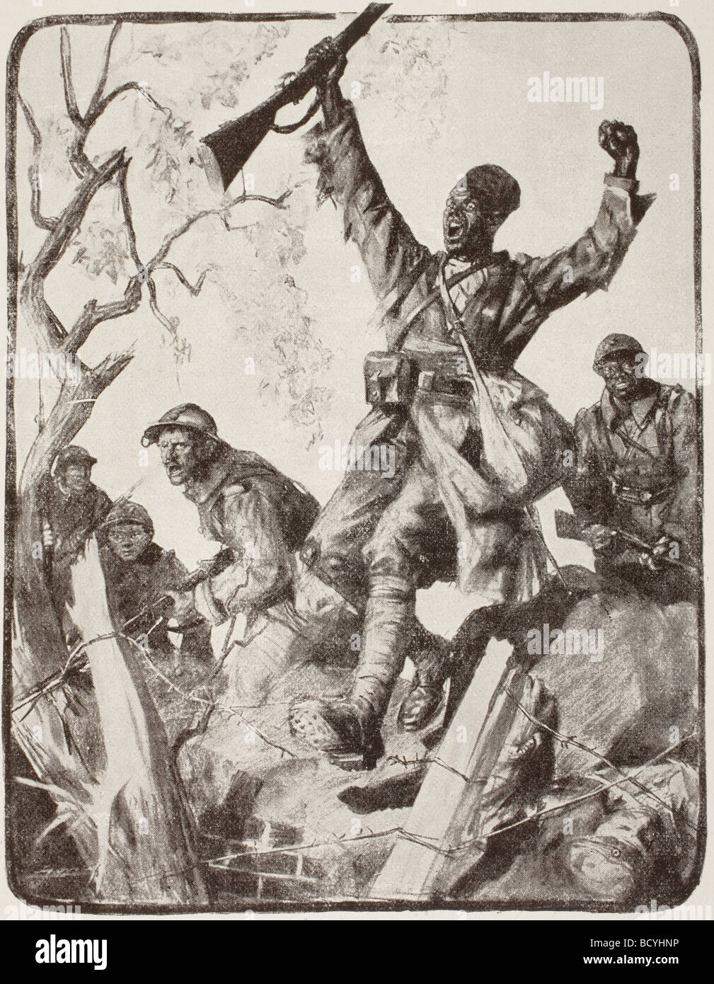 Africani e le truppe coloniali carica in battaglia durante la Prima Guerra Mondiale dopo un artwork da Jonas L. Foto Stock