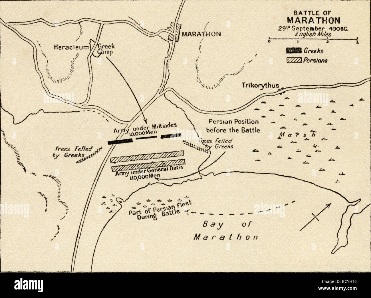 Mappa della battaglia di Maratona, 490 B C Foto stock Alamy