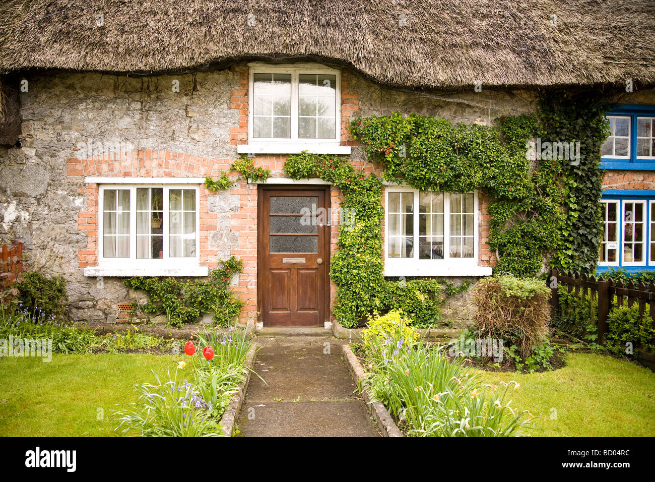 Cottage con il tetto di paglia con giardino a Adare contea di Limerick Irlanda Foto Stock