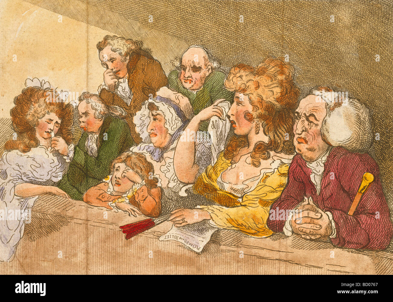 La tragedia di spettatori, da Thomas Rowlandson. Londra, Inghilterra, 1789. Foto Stock