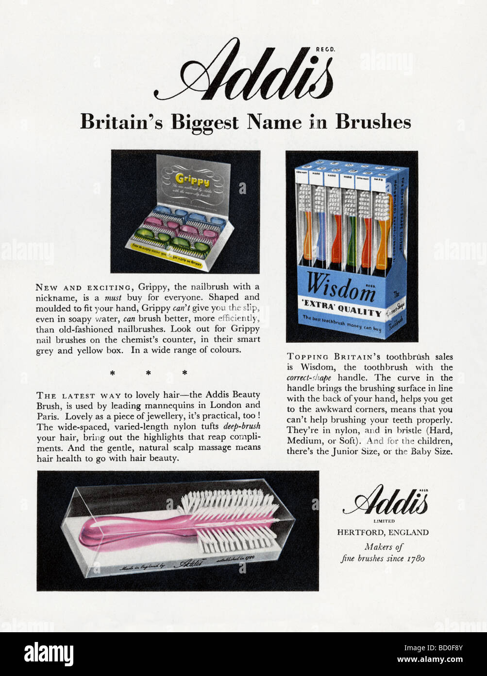 1951 pubblicità per Addis dente, unghie e spazzole per capelli Foto Stock
