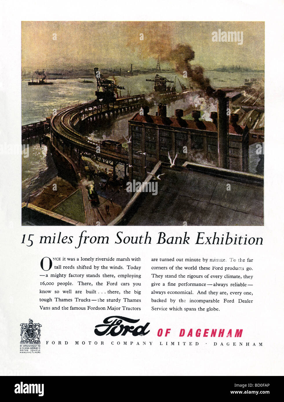 1951 la pubblicità per la Ford Motor Company, Dagenham presentando una illustrazione della fabbrica accanto al Fiume Tamigi Foto Stock