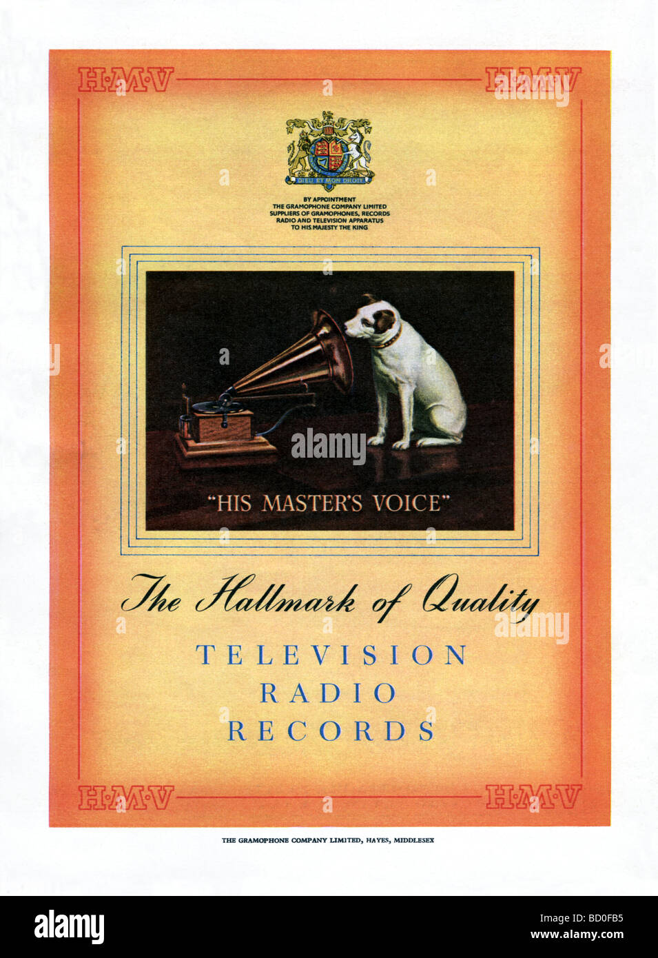 1951 pubblicità per HMV record, televisioni e radio Foto Stock