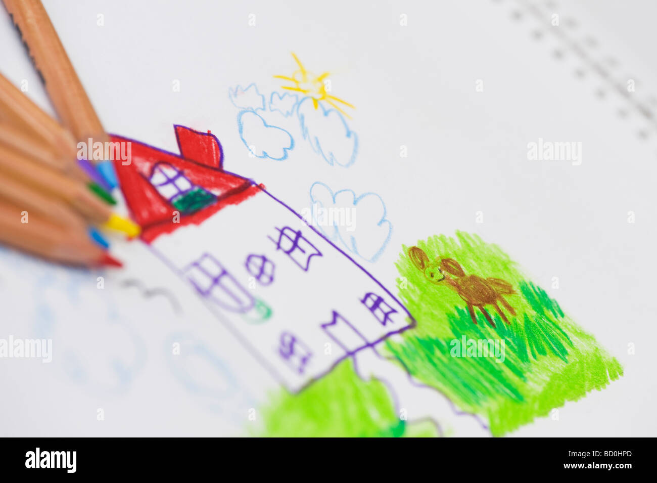 Childs il disegno di una casa e il cane con matite colorate Foto Stock
