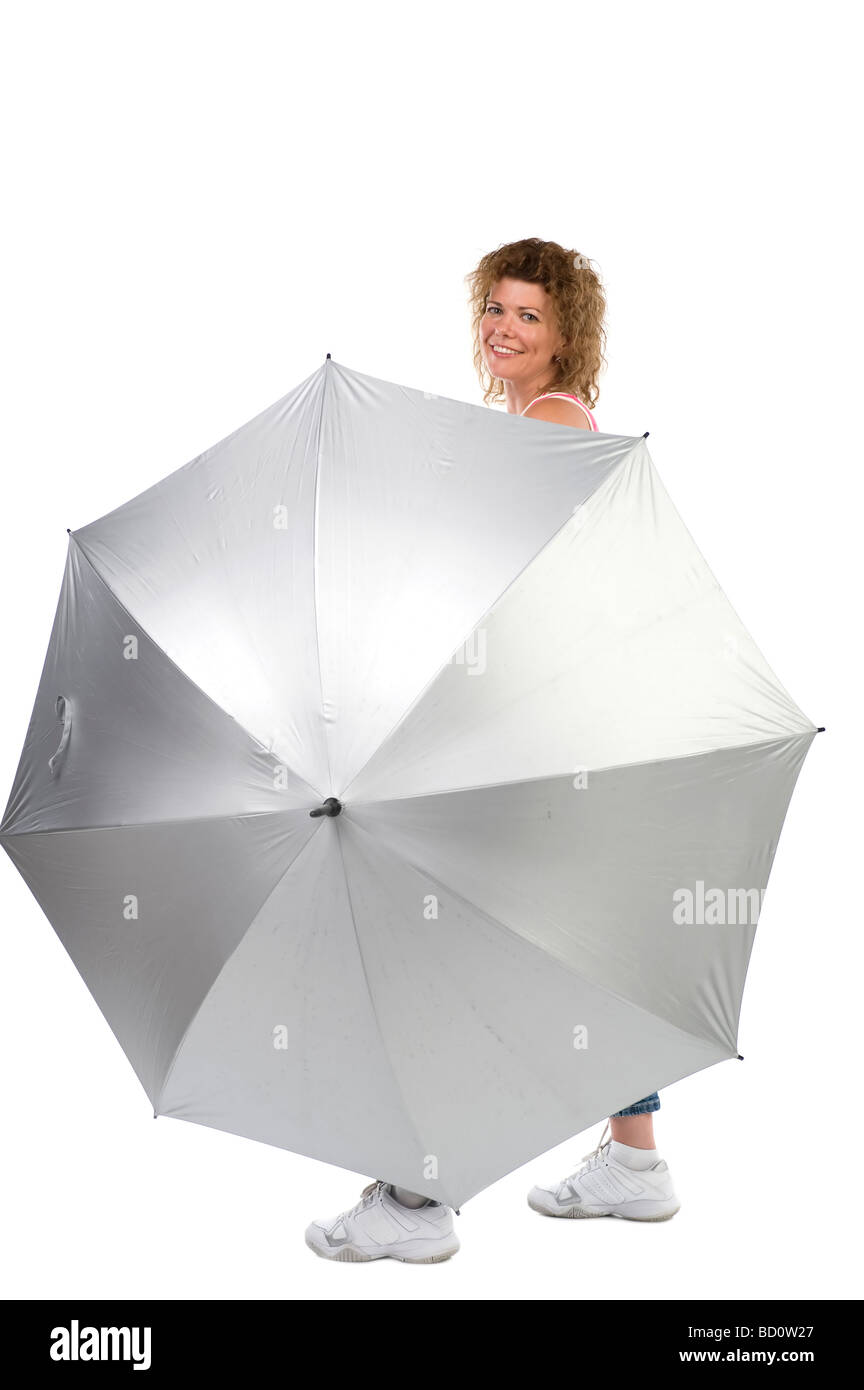 Oggetto sullo sport bianco donna con ombrello Foto Stock