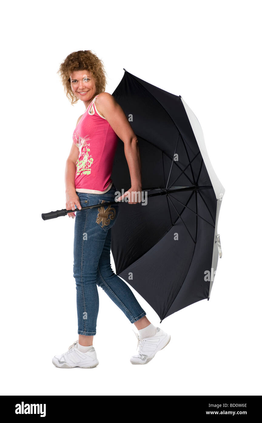 Oggetto sullo sport bianco donna con ombrello Foto Stock