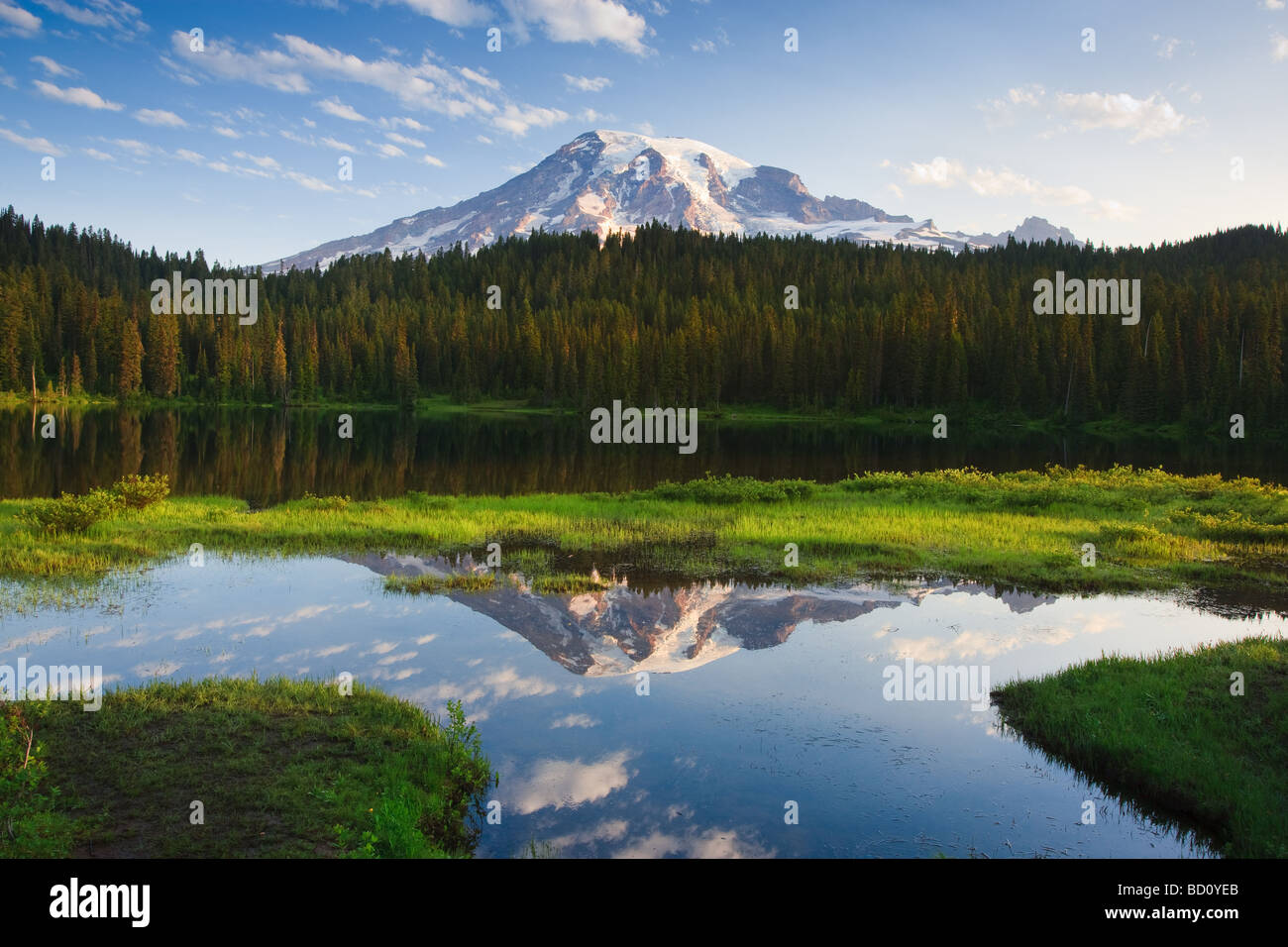 Sunrise a Mount Rainier dalla riflessione sul lago, nello Stato di Washington, USA Foto Stock