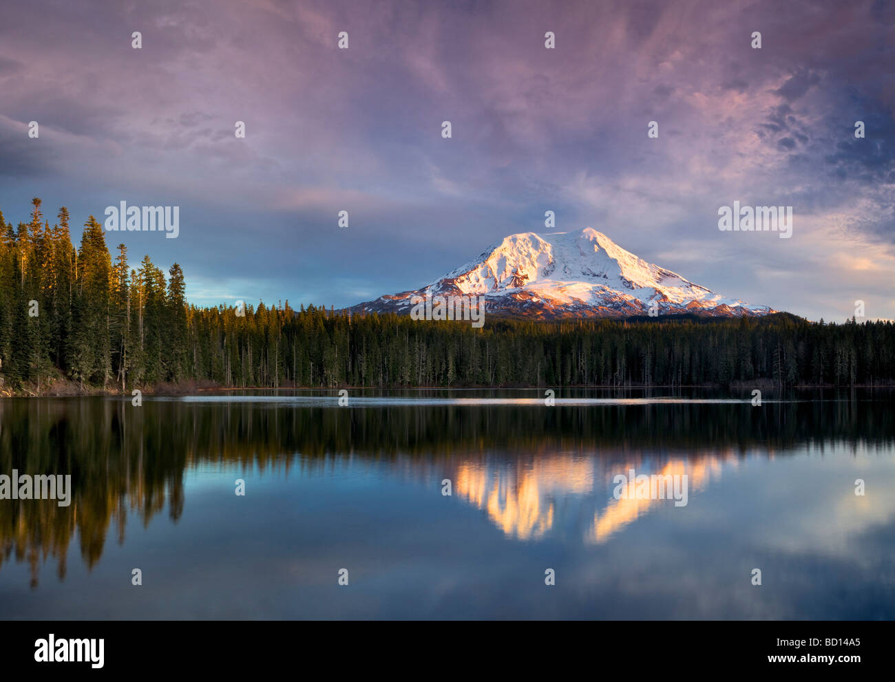 Tramonto con riflessione nel lago Takhlakh e Mt Adams Washington Foto Stock