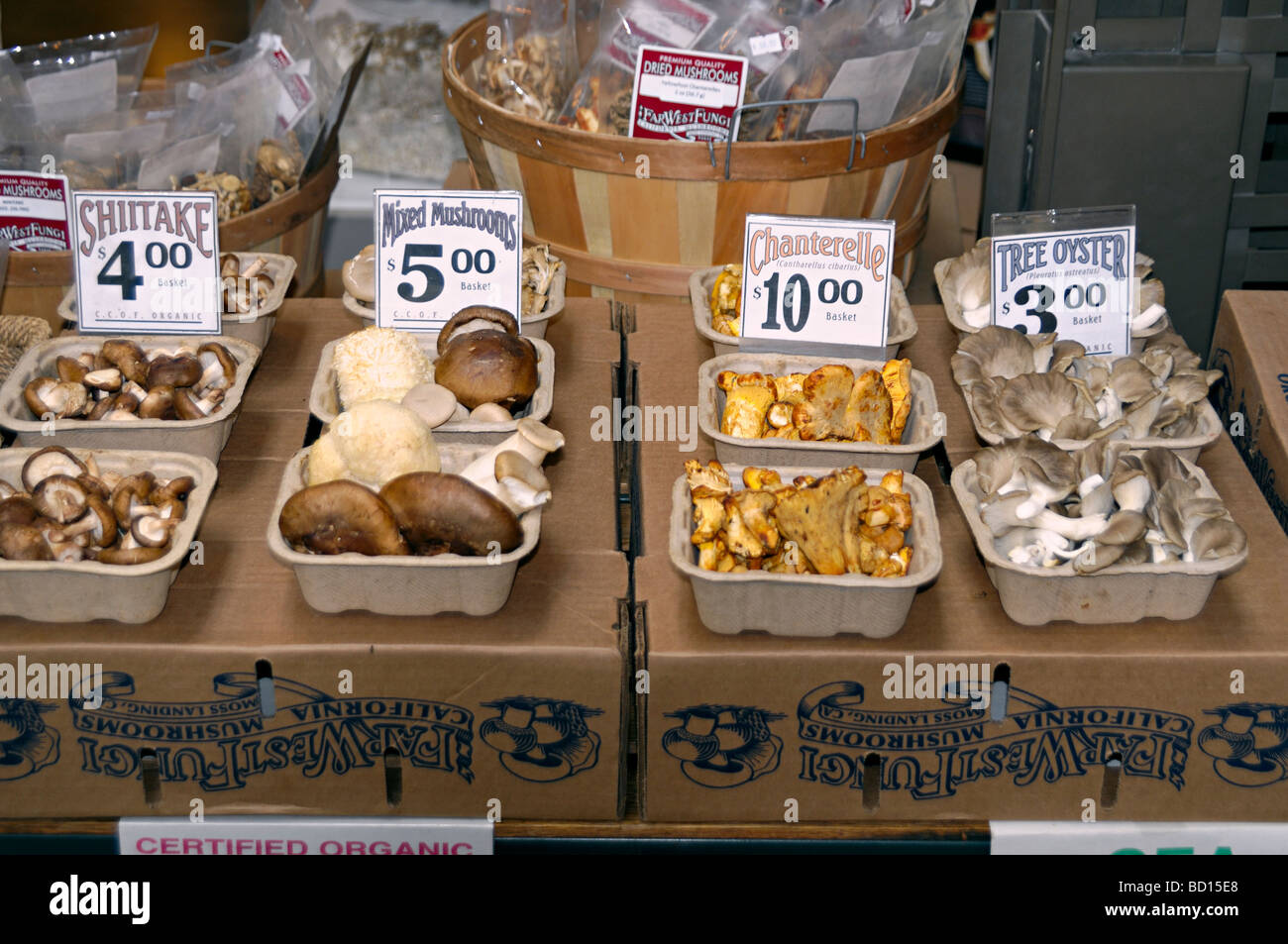 Una selezione di varietà di funghi in vendita presso un mercato di alimenti biologici e il loro prezzo nel 2009. Foto Stock