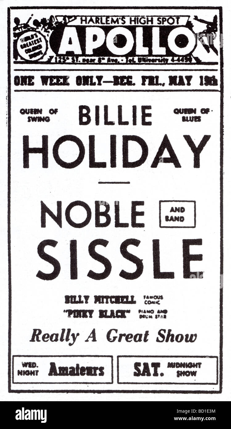 BILLIE HOLIDAY - Messaggio pubblicitario per una performance al Harlem Apollo Foto Stock