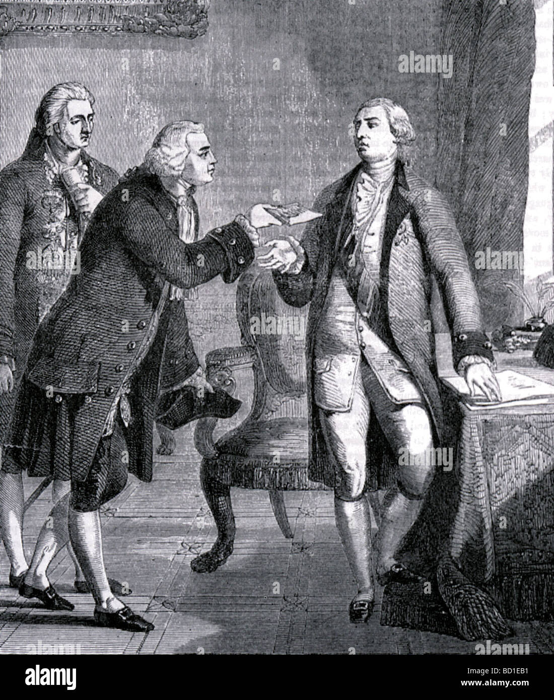 JOHN ADAMS presenta le sue credenziali come primo ambasciatore americano a George III nel 1785 Foto Stock