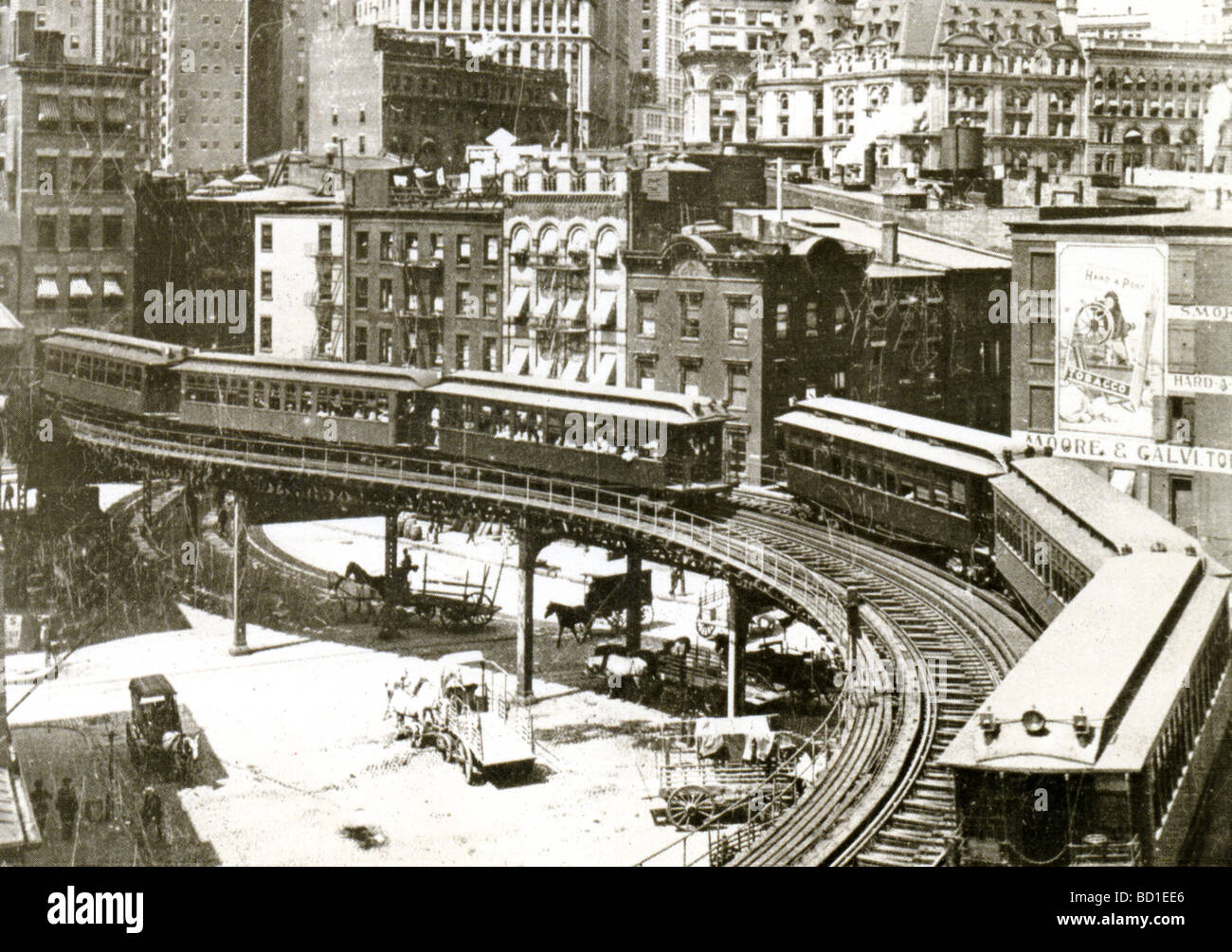 NEW YORK 1904 : la curva a S della terza Avenue EL a Coenties Slip Foto Stock