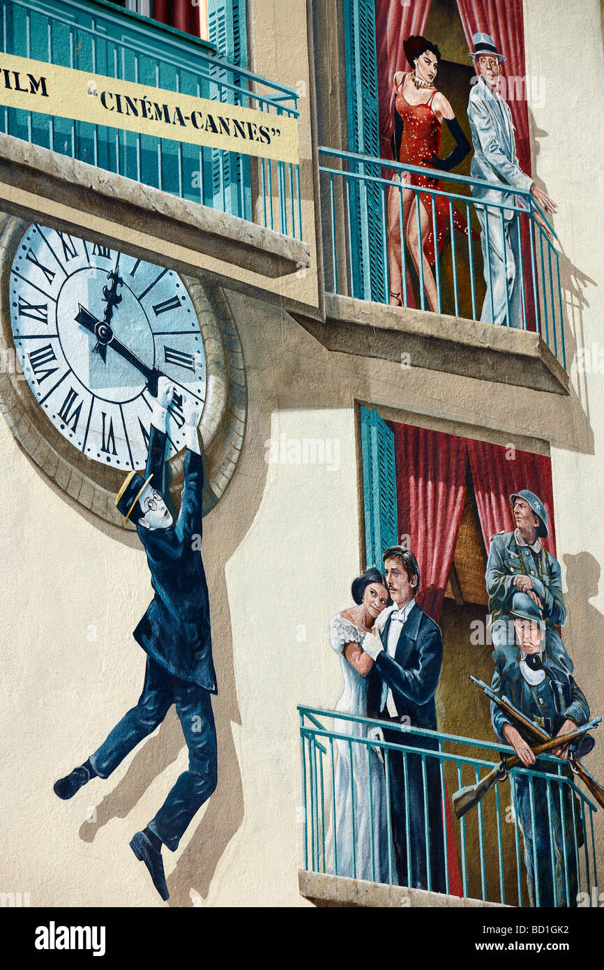 Stelle di Hollywood murale dipinto sul lato del cinema di Cannes, Francia Foto Stock