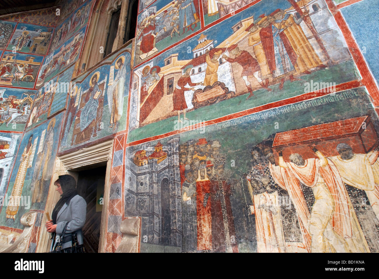 La Romania è dipinto di Voronet Monastero di Bucovina decorate con &XV XVI secolo affreschi Foto Stock