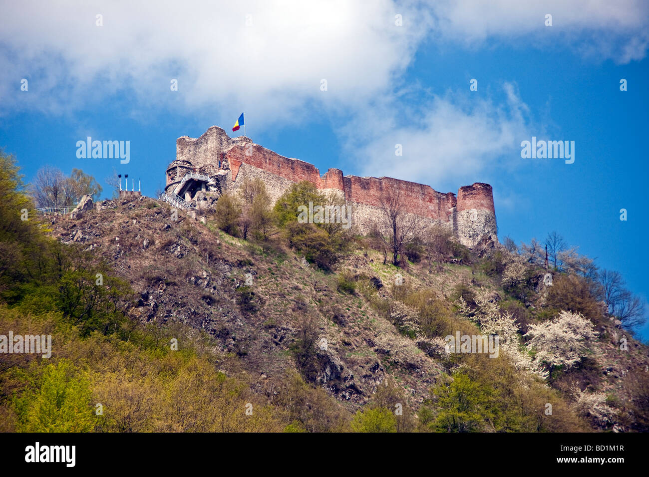 La Romania è il castello di Poienari, costruito da Vlad l'Impalatore per servire come torre di avvistamento e di prigione, vicino a Curtea de Arges Foto Stock