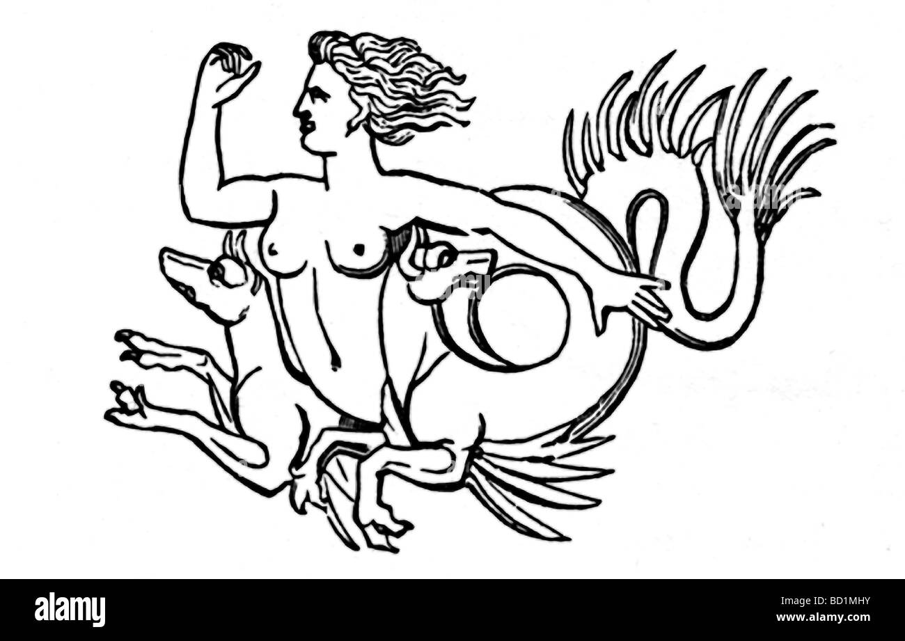 Nella mitologia greca, Scilla era una creatura mostruosa che ha vissuto su una roccia sul lato italiano dello Stretto di Messina. Foto Stock
