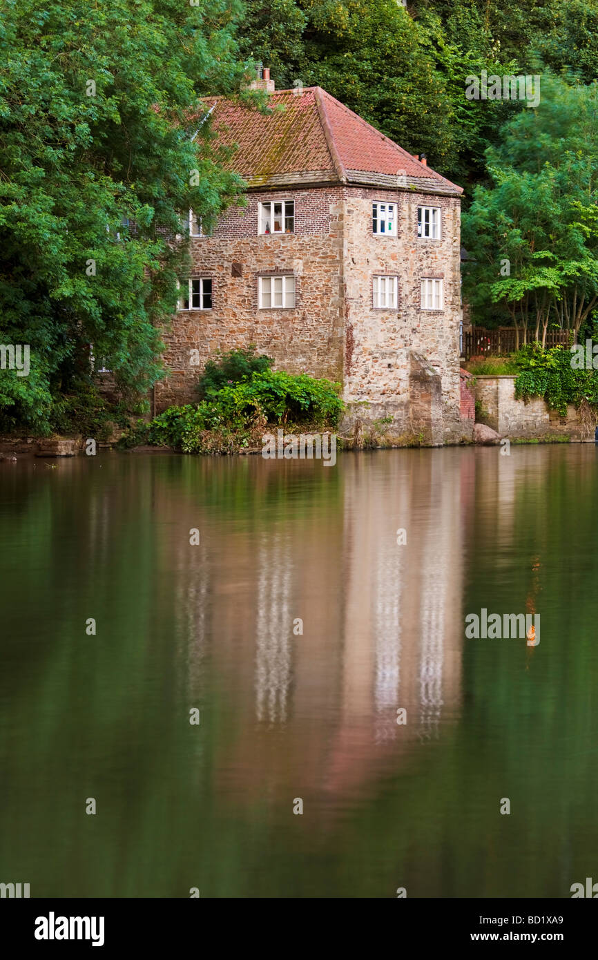 Il Museo di Archeologia gestito da Durham University si riflette nell'acqua del fiume usura, Inghilterra Foto Stock