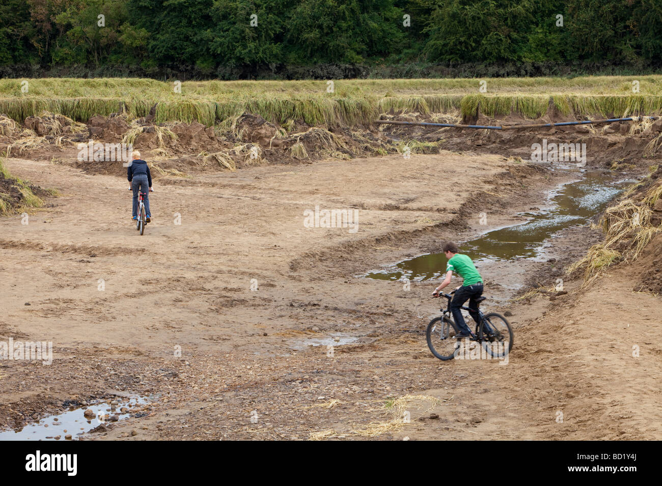 La Durham canyon causati da inondazioni che lavato via decine di migliaia di tonnellate di suolo, Durham, Regno Unito. Foto Stock