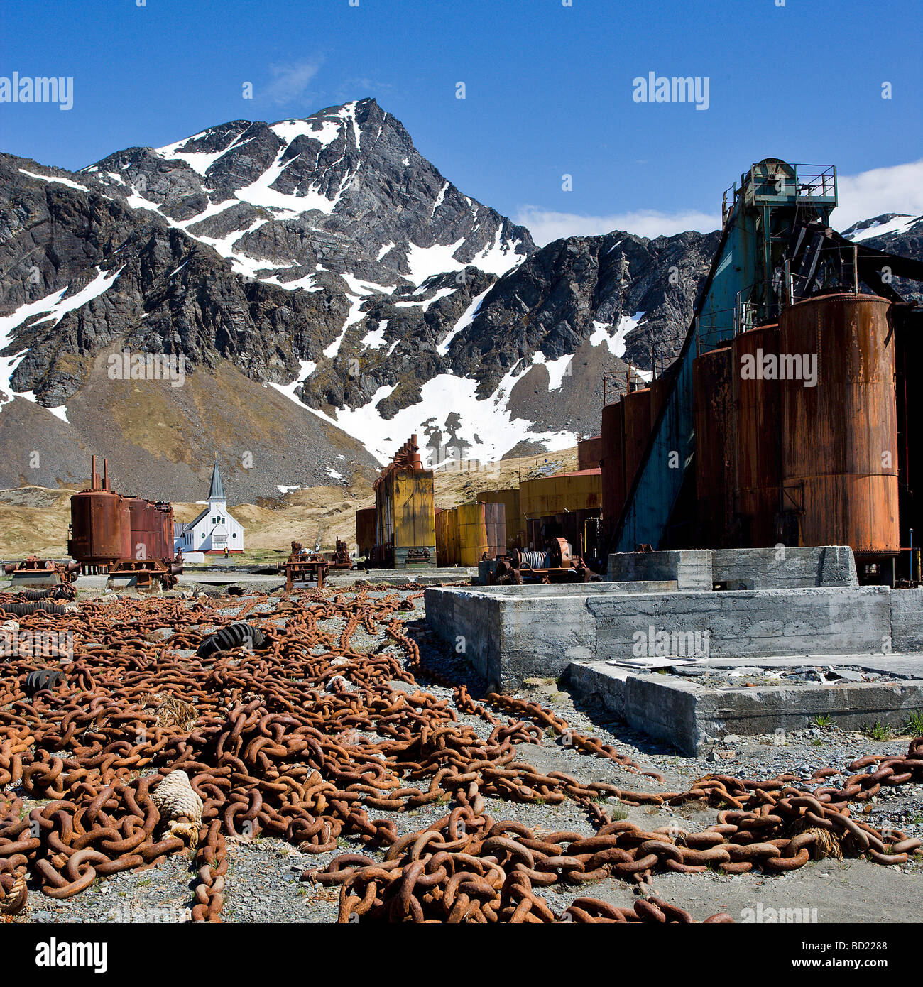 Larsen la Chiesa e la caccia alle balene a fini industriali di archeologia, Grytviken, Georgia del Sud Foto Stock