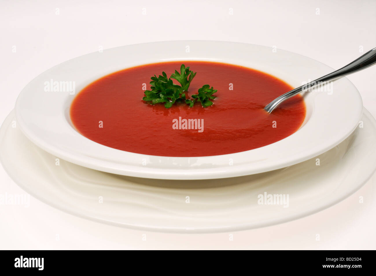 Ciotola di zuppa di pomodoro con un rametto di prezzemolo nel recipiente bianco su sfondo bianco. Foto Stock