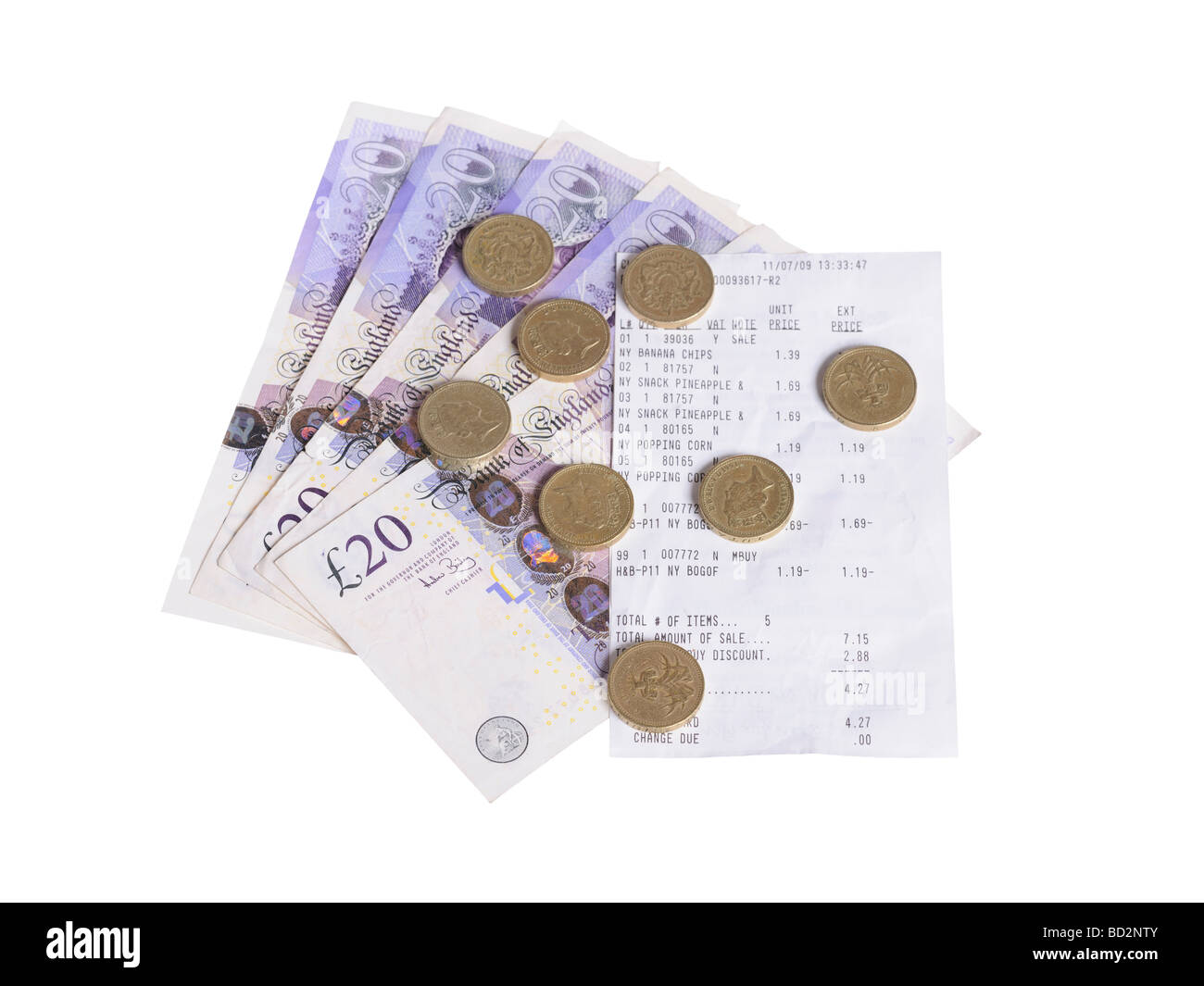 20 libbra di monete note bill ricevuta Foto Stock