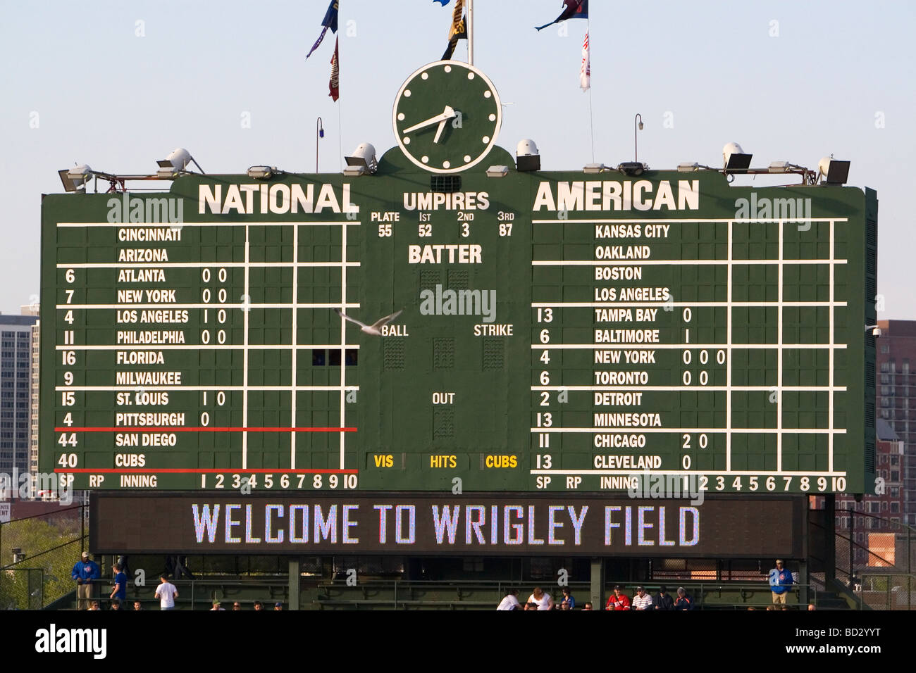 Quadro di valutazione a Wrigley Field in Chicago Illinois USA Foto Stock