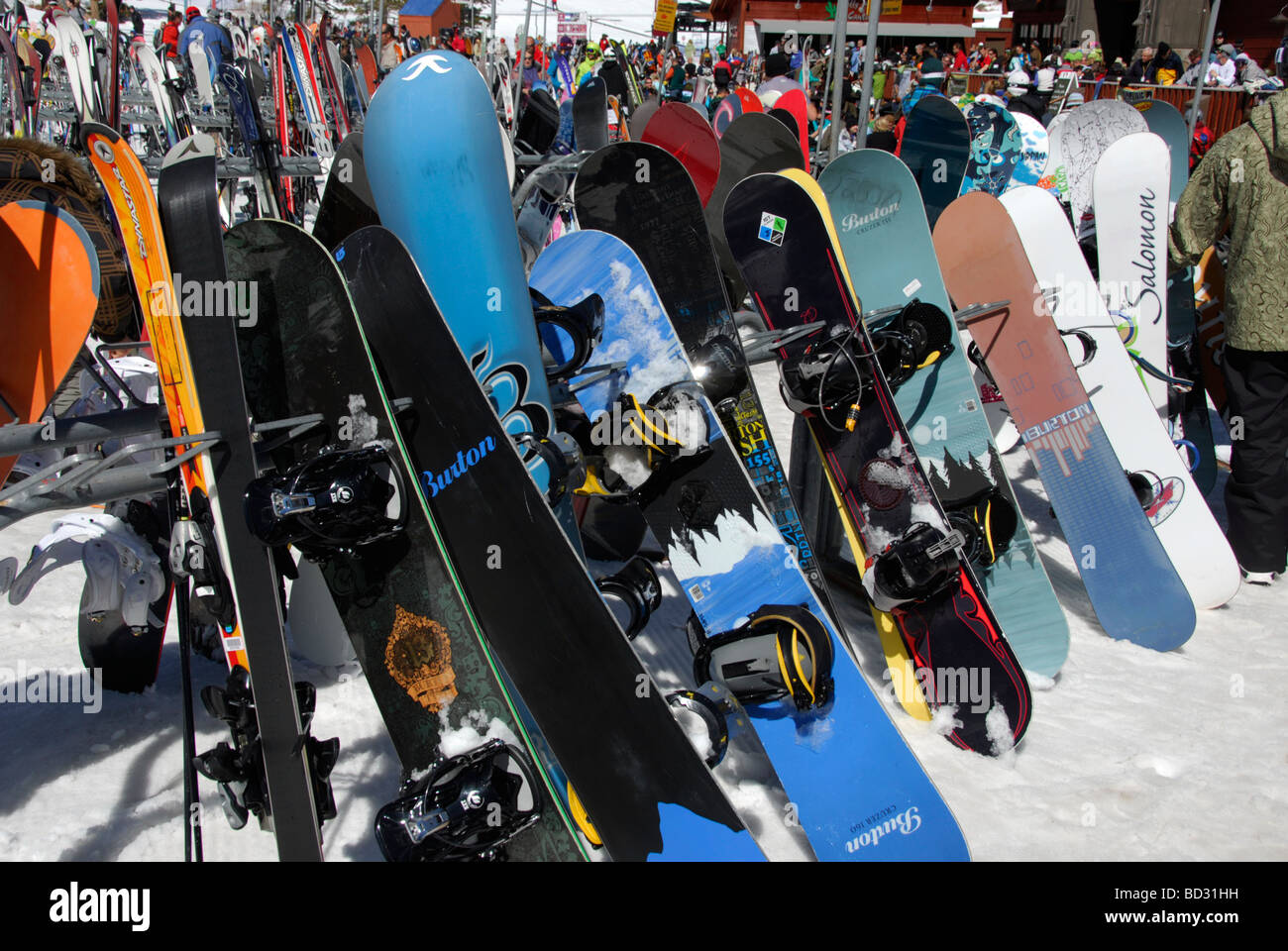 Snowboard schierate al sole at Northstar a Tahoe, Truckee, California Foto Stock