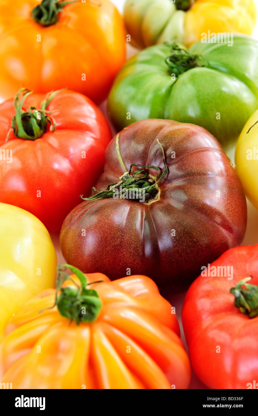 Chiudere il gruppo di variopinte cimelio di pomodori Foto Stock