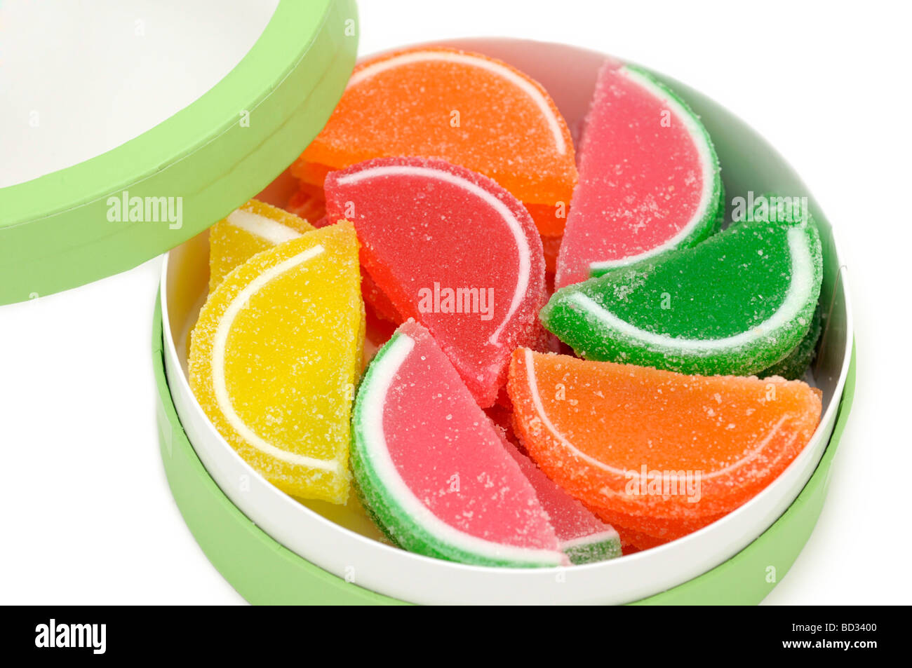 Jelly fette di frutta in scatola / caramelle gommose, rivestite di zucchero Foto Stock