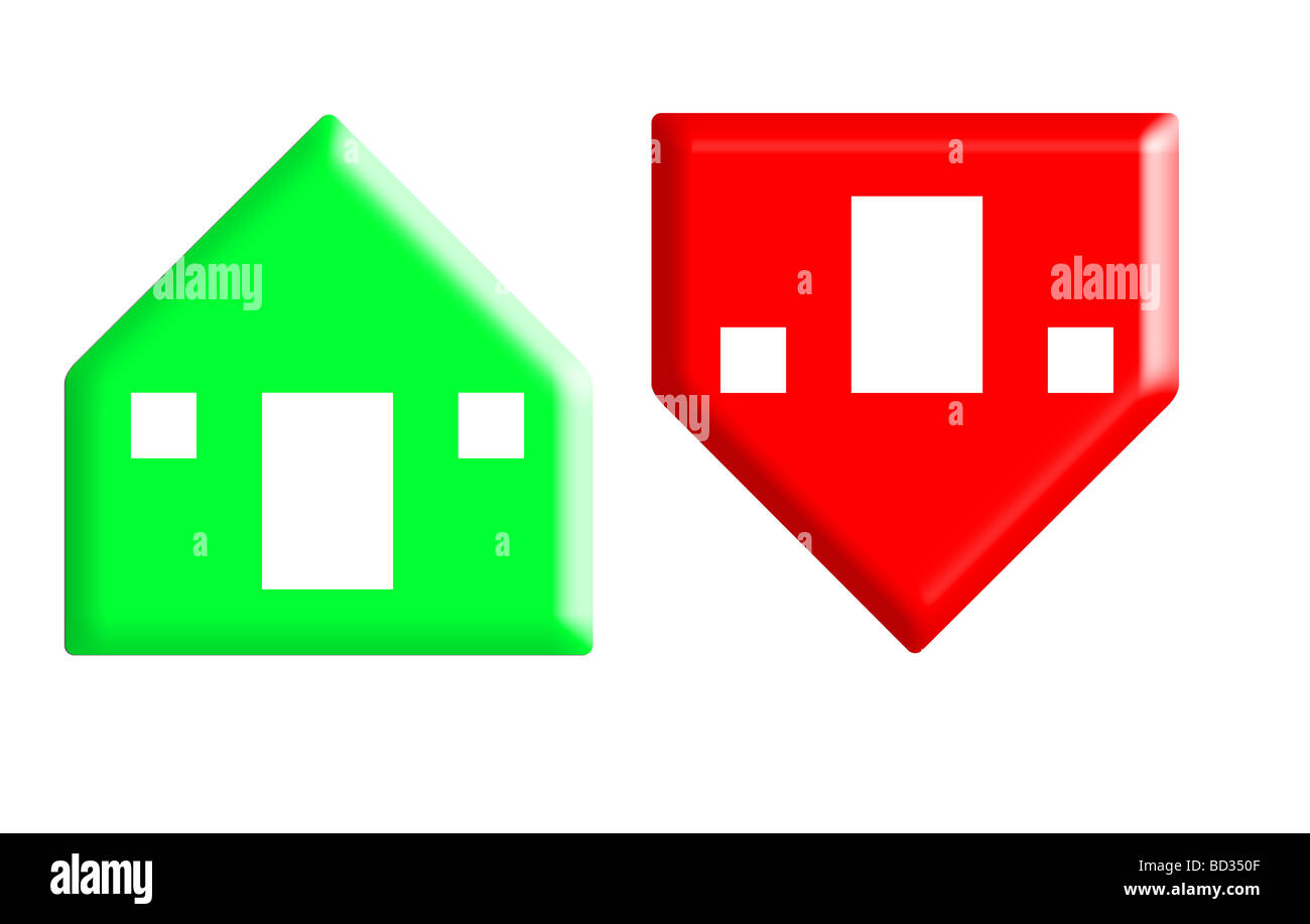 Rosso e verde i pulsanti freccia nella forma di case la salita e la discesa del valore sfondo bianco Foto Stock