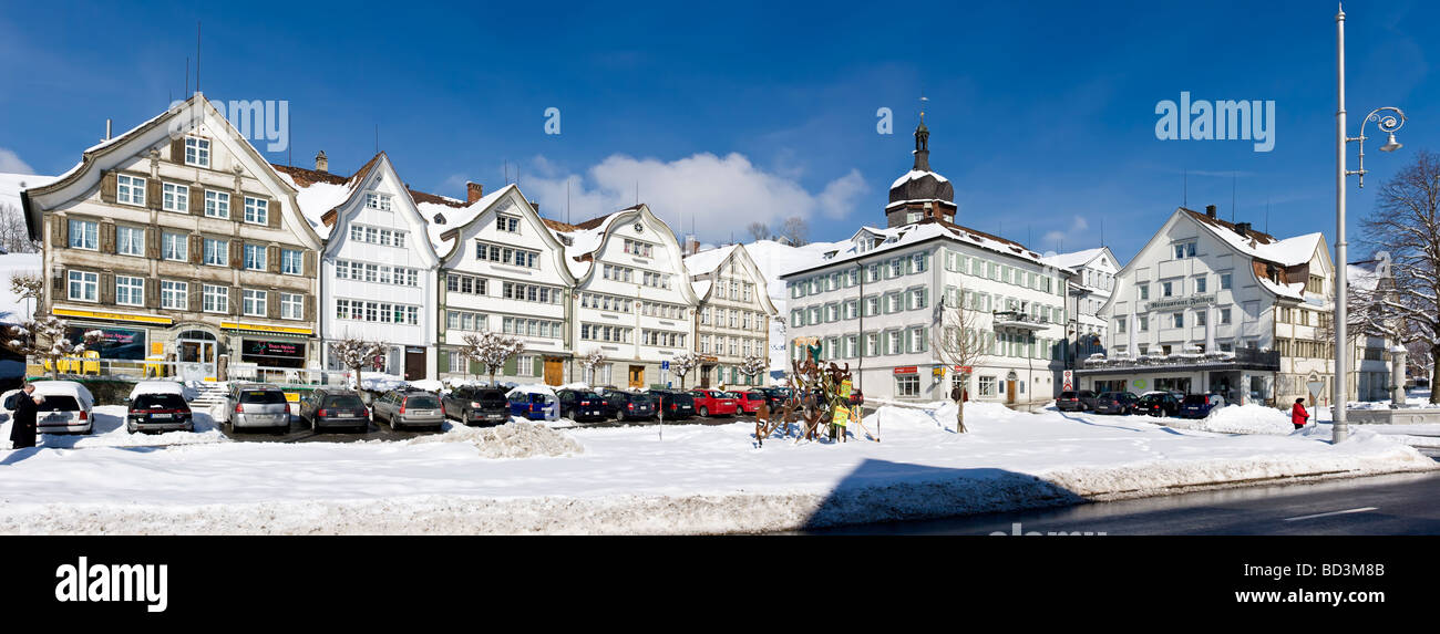 Gais village center panorama invernale, Appenzell, Svizzera Foto Stock