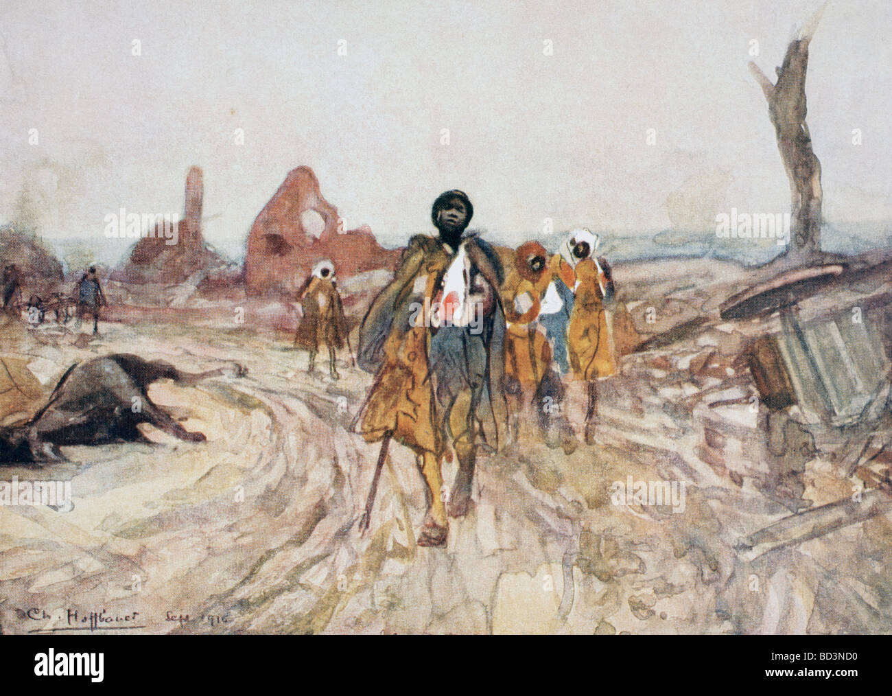 Soldati senegalesi feriti che si spostavano verso le retrovie dopo aver combattuto vicino ad Assevillers, in Francia durante la prima guerra mondiale. Foto Stock