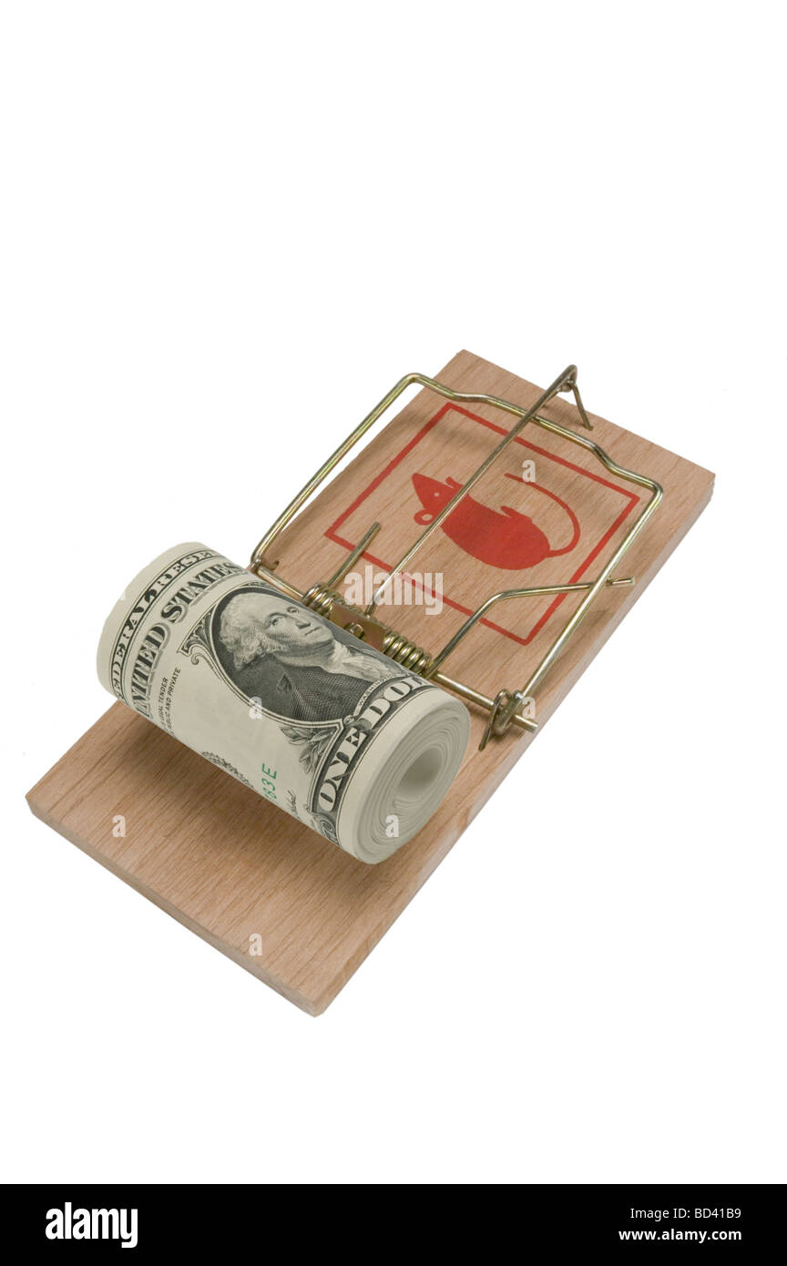 Rotolo di bollette americano impostato su una trappola del mouse Foto Stock