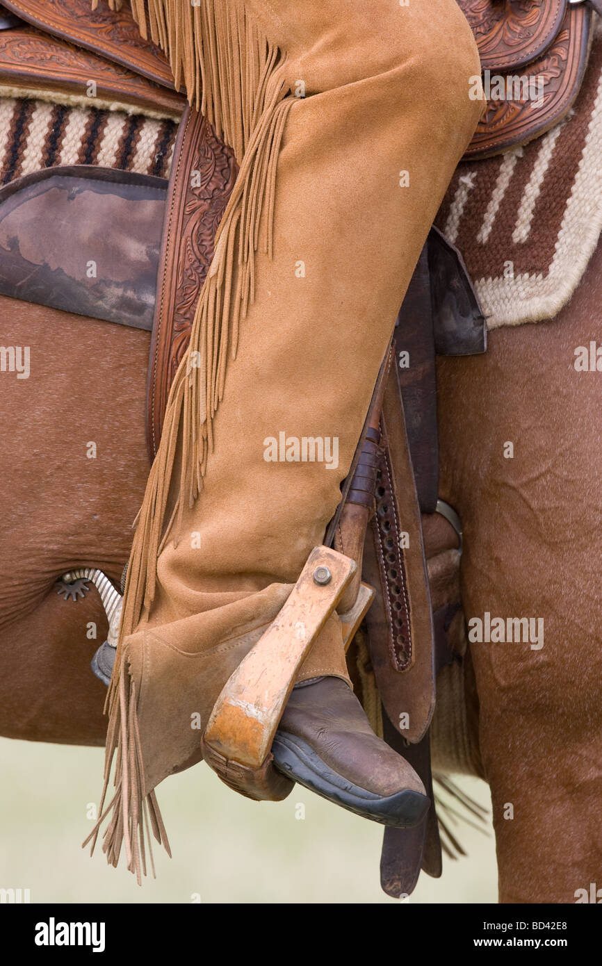 Cowboy Boot nella staffa su un American Quarter Horse Foto Stock