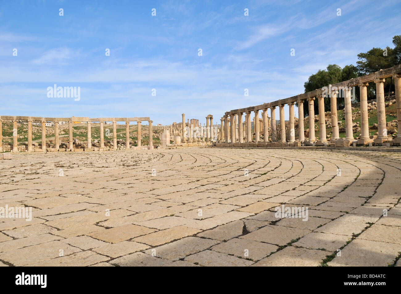 Roman Forum ovale in Jerash Giordania Foto Stock